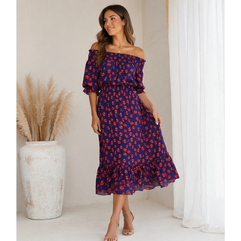 MISA Off Shoulder Midi Dress Blue Red Floral Boho Romantic Cottagecore Flowy MD